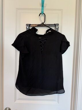 Chocolate Black Lace-Up Mock Neck Flutter Sleeve Blouse